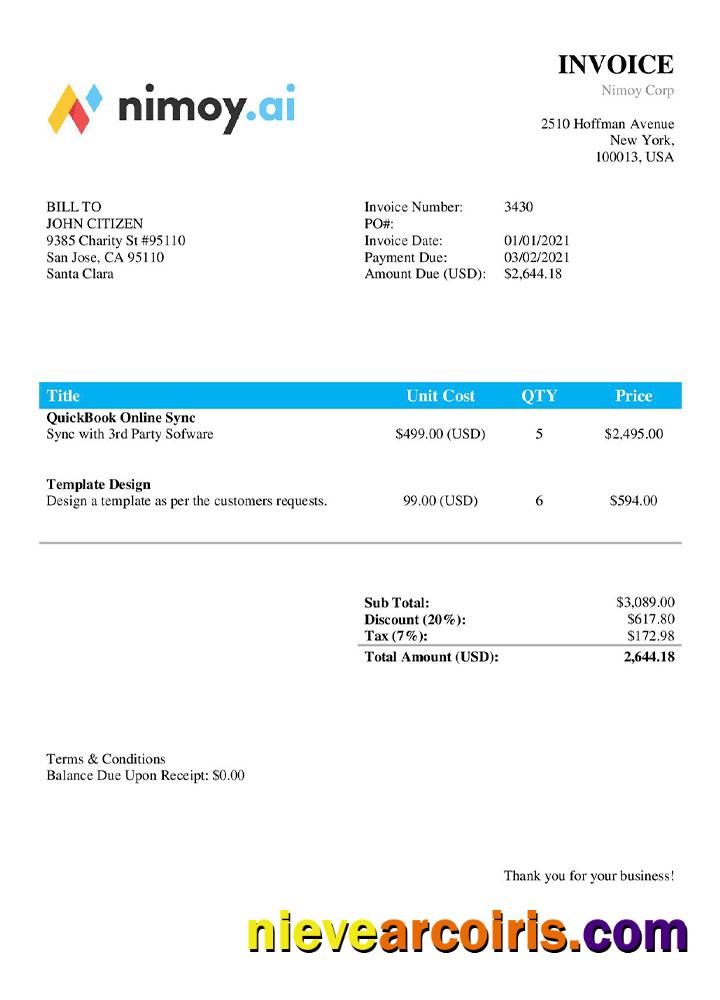 USA Nimoy Corp invoice